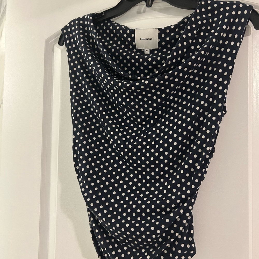 Reformation Navy and White Polka Dot Top